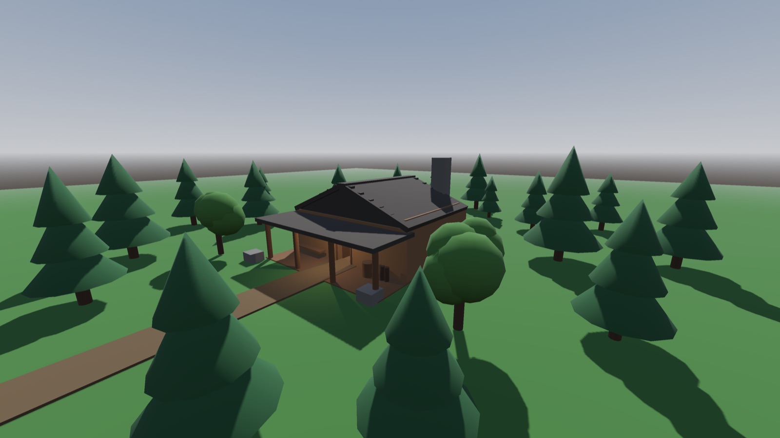 A log cabin with a stone chimney in a clearing ringed by pines.