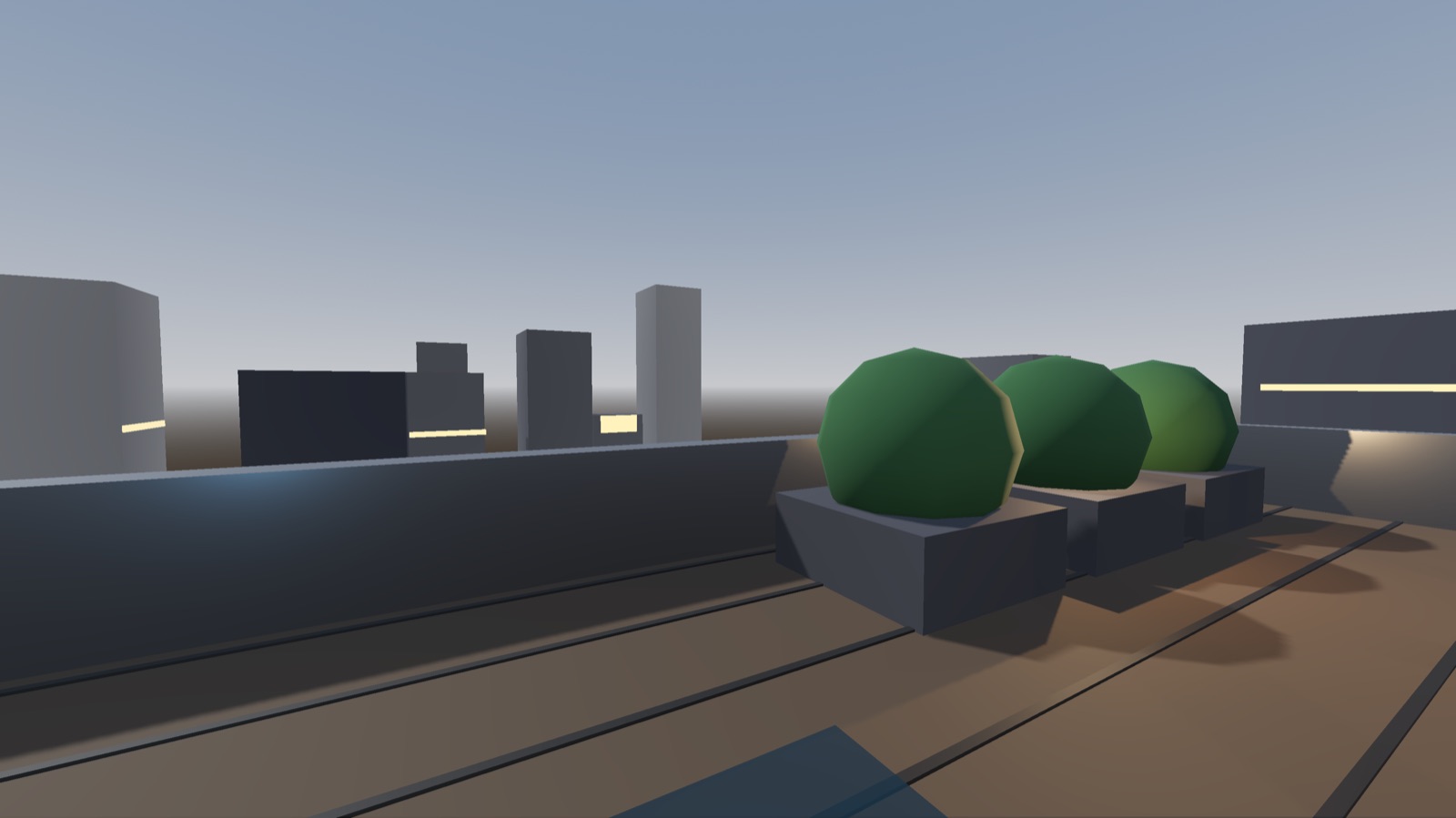 A rooftop terrace with planters and a pool, city towers standing across the water.